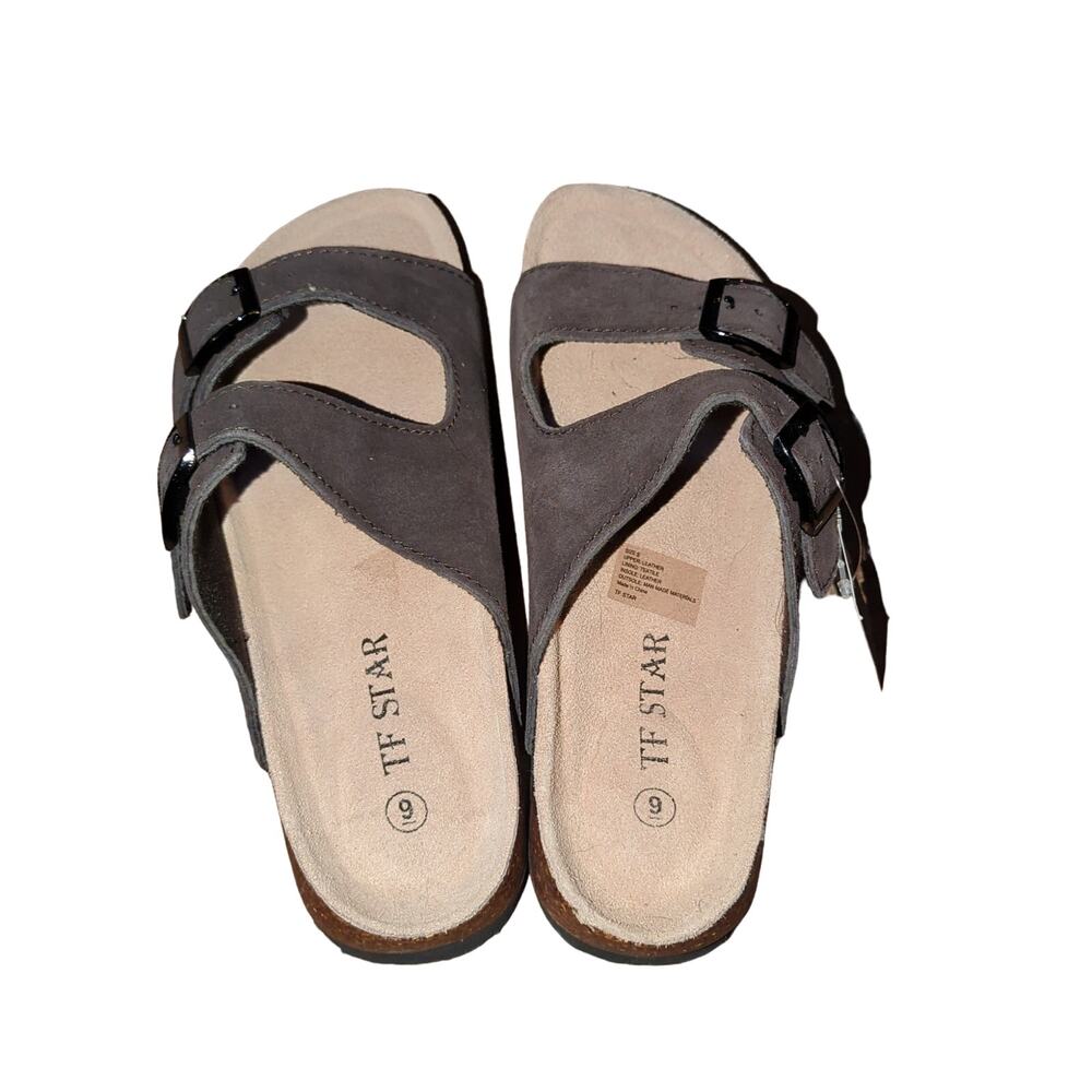 TF STAR Women’s Cow Suede Leather Flat Sandals,2-Strap Adjustable Buckle Size 9